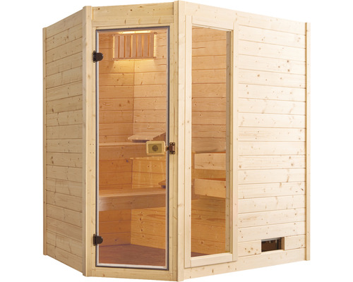 Massief houten sauna Weka Valida hoek GTF maat 1 incl. 5,4 kW kachel en geïntegreerde bediening met raam en volledig glazen deur van helder glas
