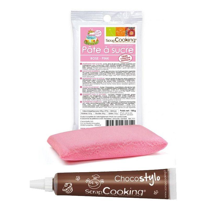 Stylo chocolat + Pâte à sucre rose 100 g Scrapcooking