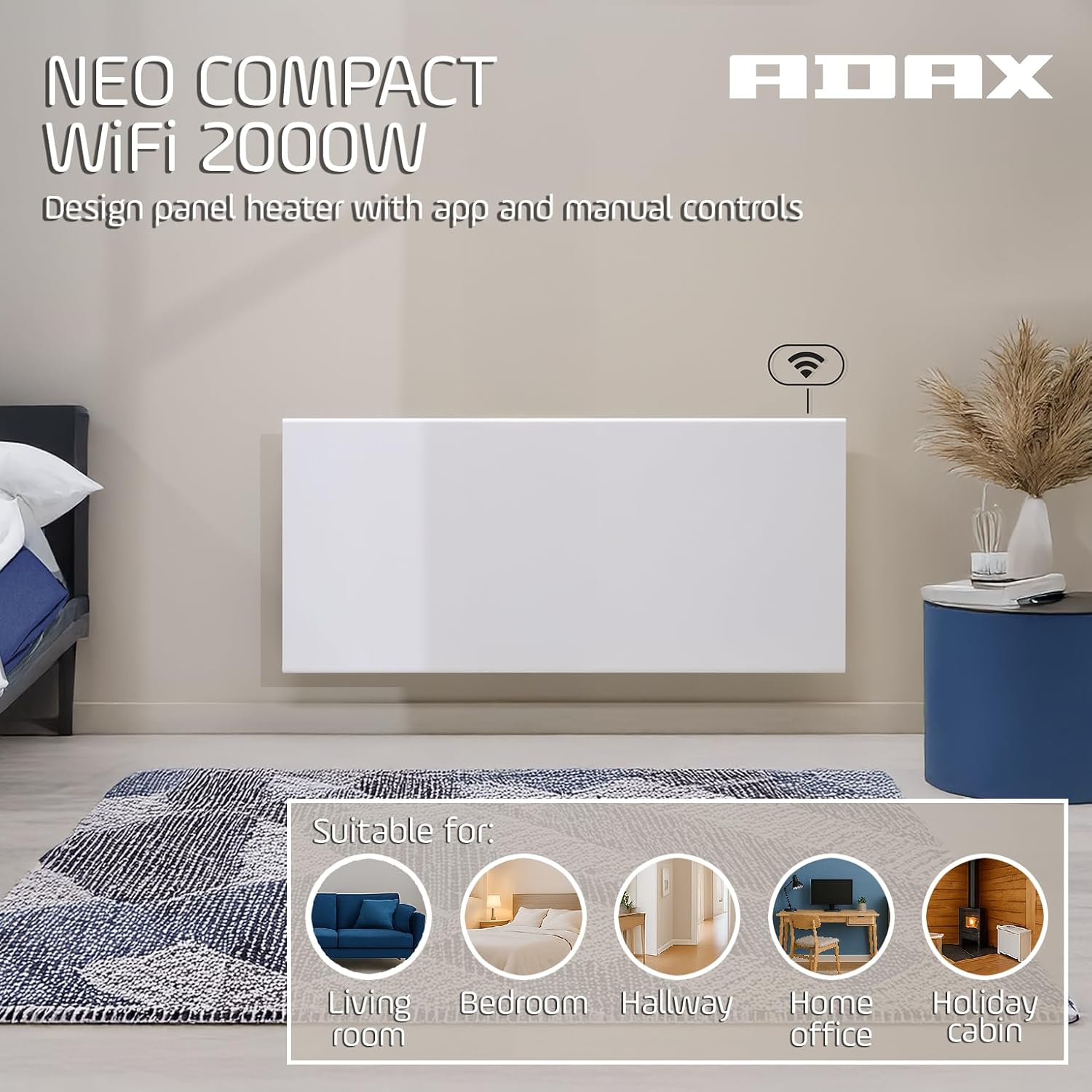 Adax Neo Compact - Intelligente Wifi Elektroheizkörper - 2000W, Weiß | Elektroheizung Wandmontage | Wandkonvektor - 420mm | Smartphone-Steuerung | Thermostat mit LCD-Anzeige | Heizung Elektrisch