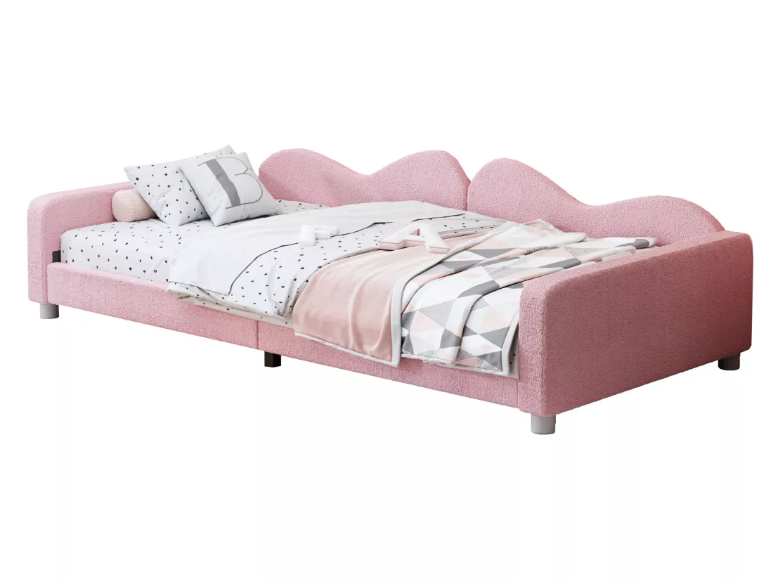 Lit banquette capitonné - 90 x 200 cm - 2 tiroirs - tissu peluche - sommier à lattes - pour enfant ou bébé - rose