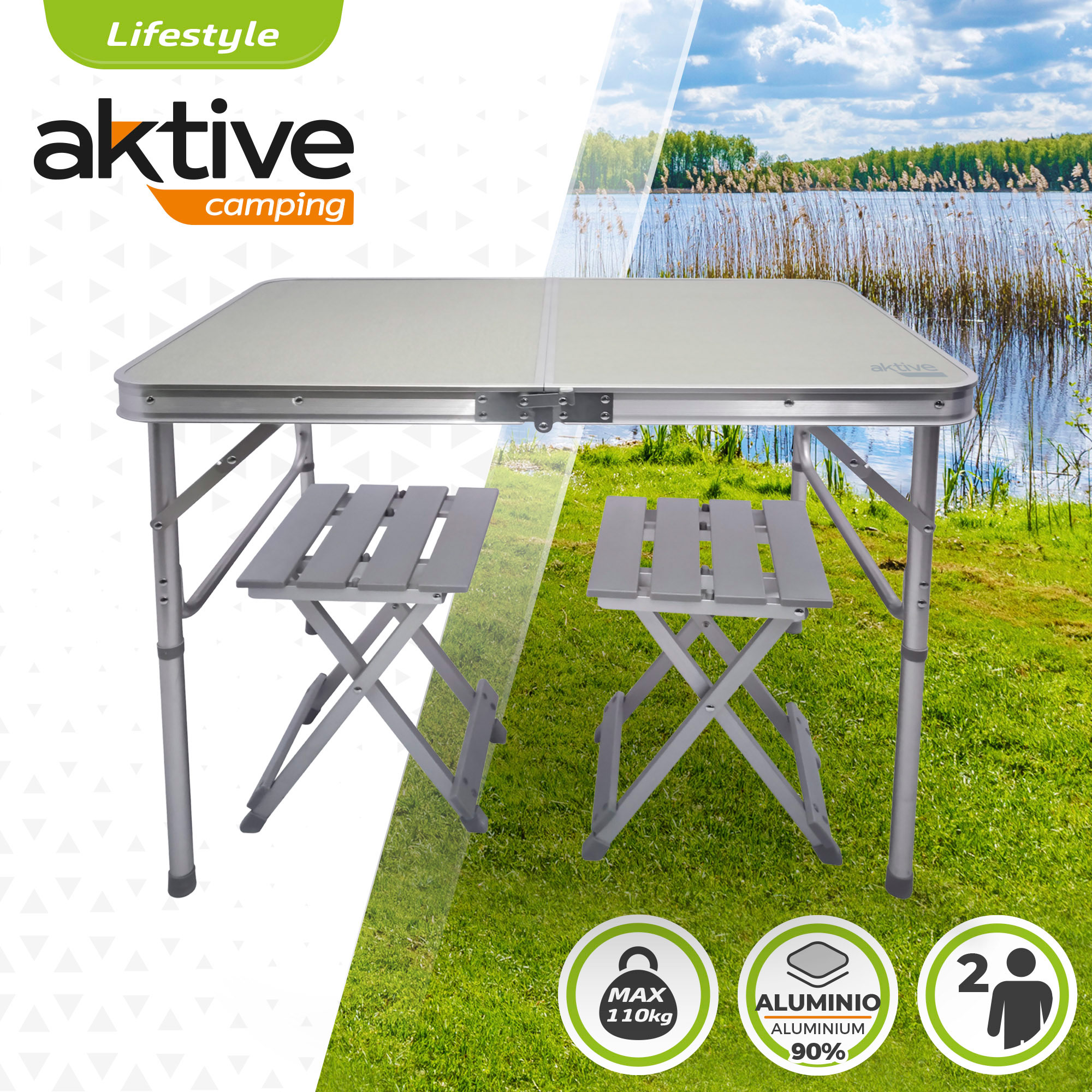 Mesa de camping dobrável Aktive com 2 bancos