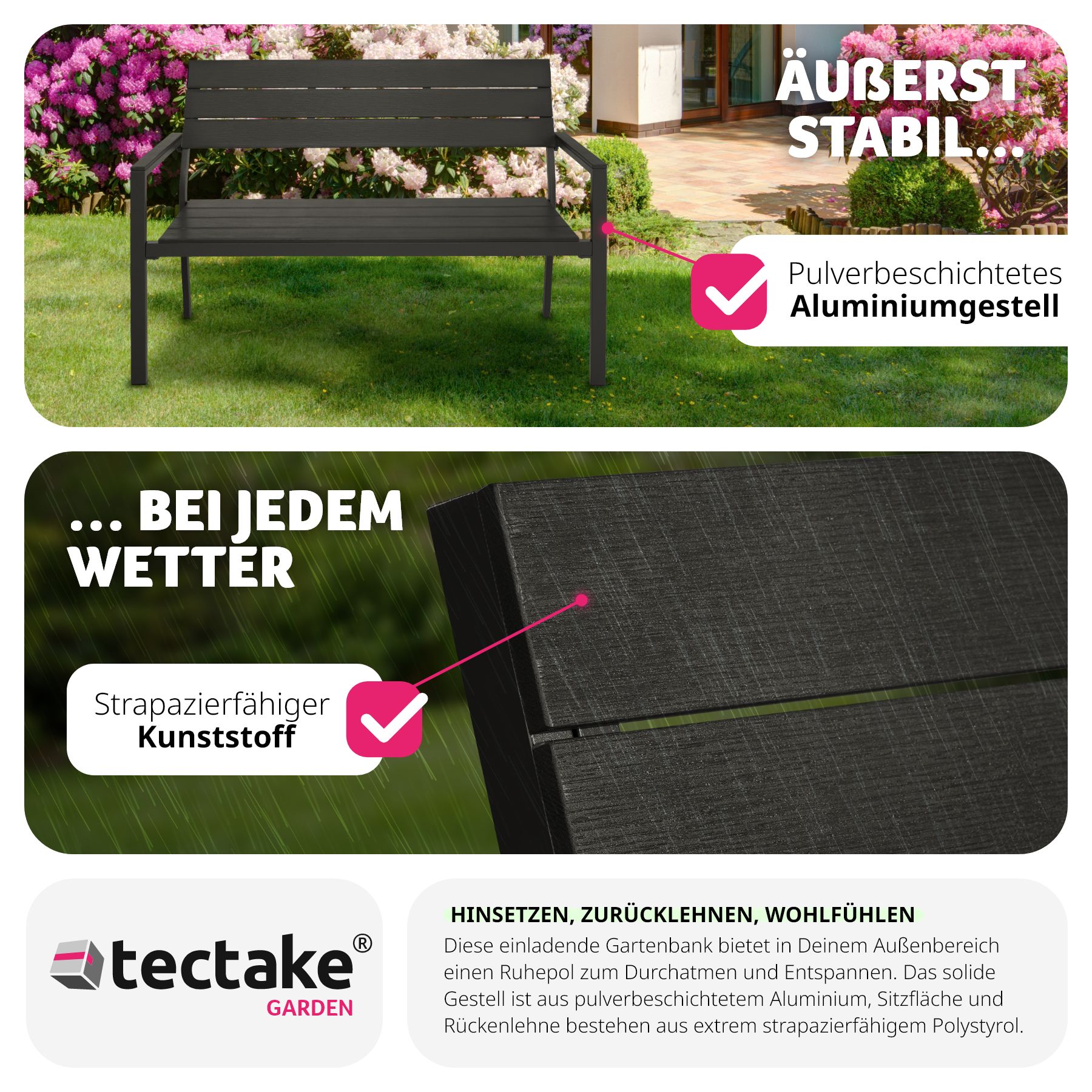 tectake® Gartenbank, 2-Sitzer, wetterfest, 128 x 59 x 88 cm