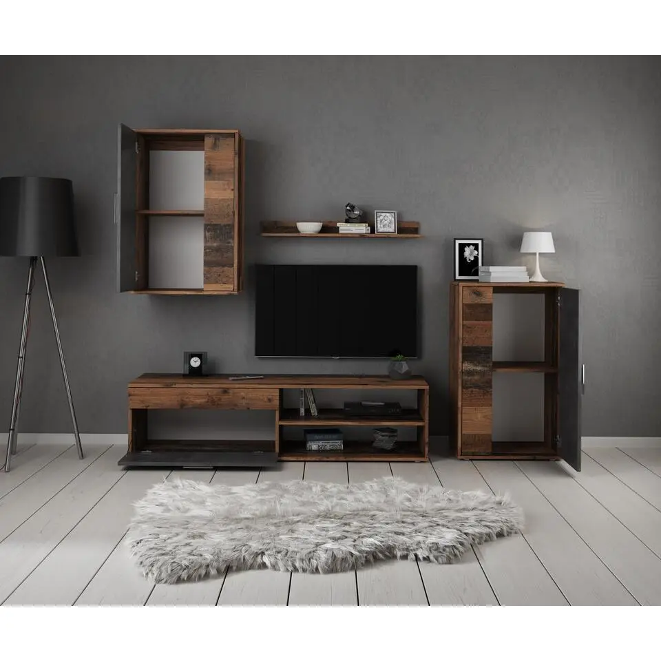 Meubella - Wandmeubel Bellini - Grijs - Donker Old Wood