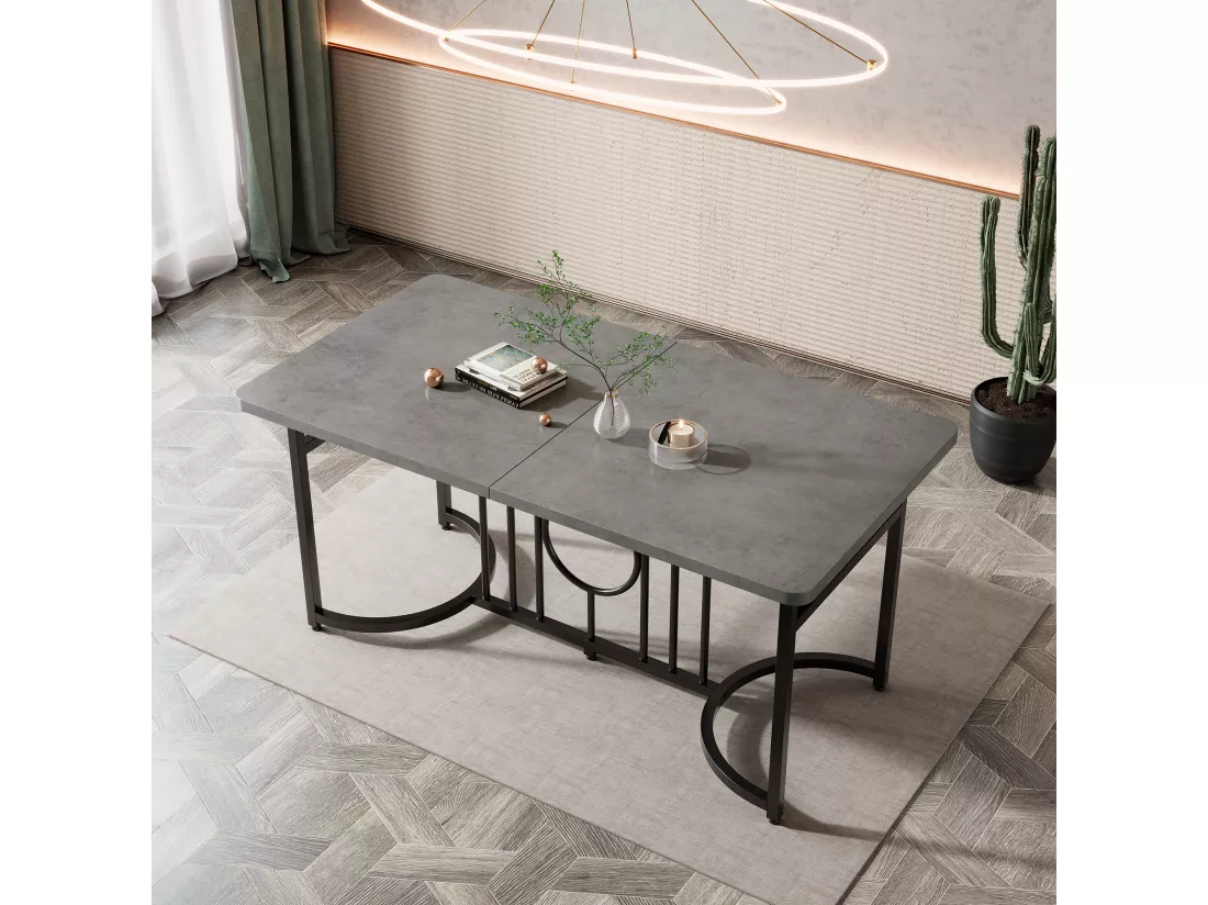 Table de salle à manger moderne et minimaliste, 158 x 76 x 75 cm, facile à installer, non pliable, pieds en métal noir (aspect béton)
