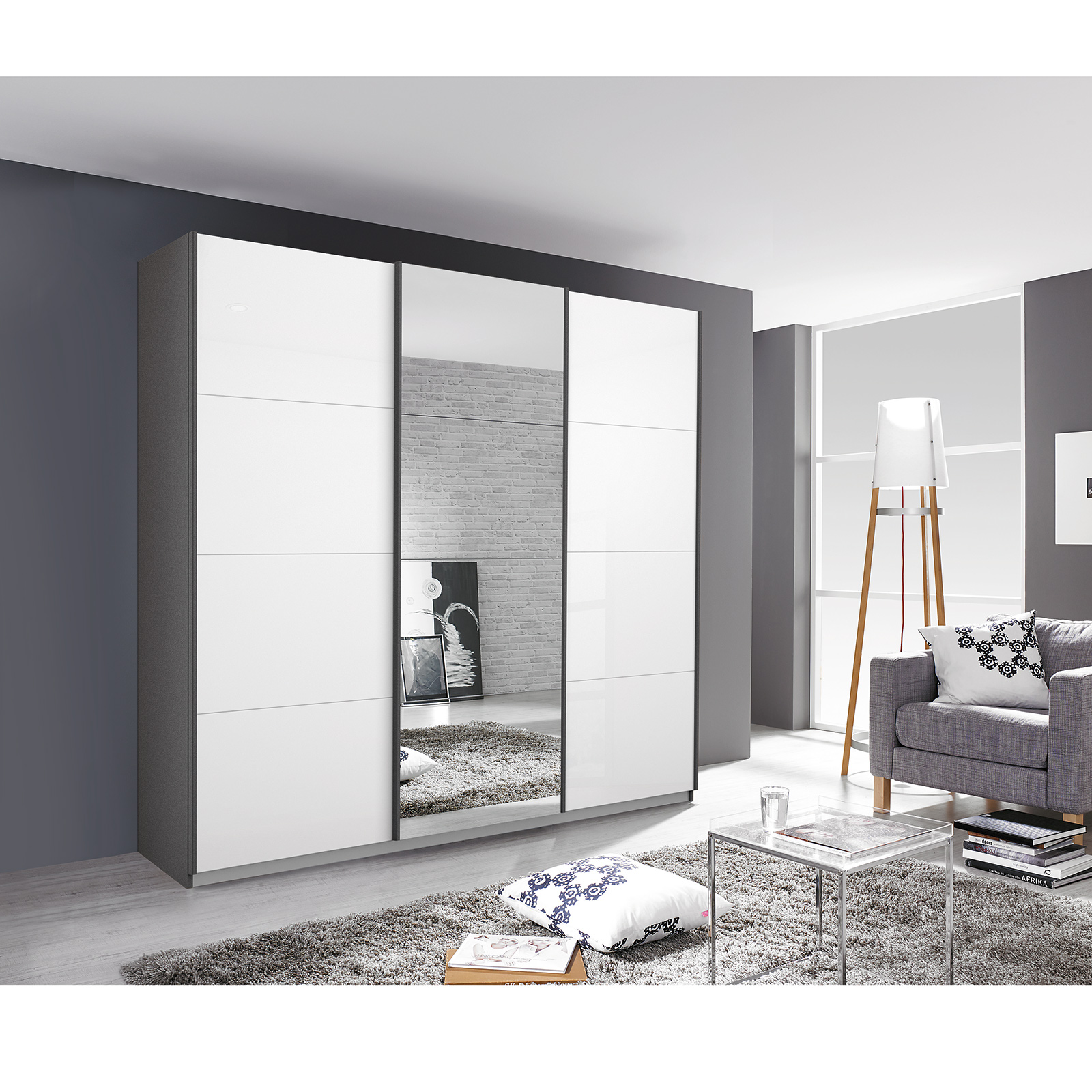 Schwebetürenschrank - weiß Hochglanz - grau metallic- mit Spiegel - 203x210 cm