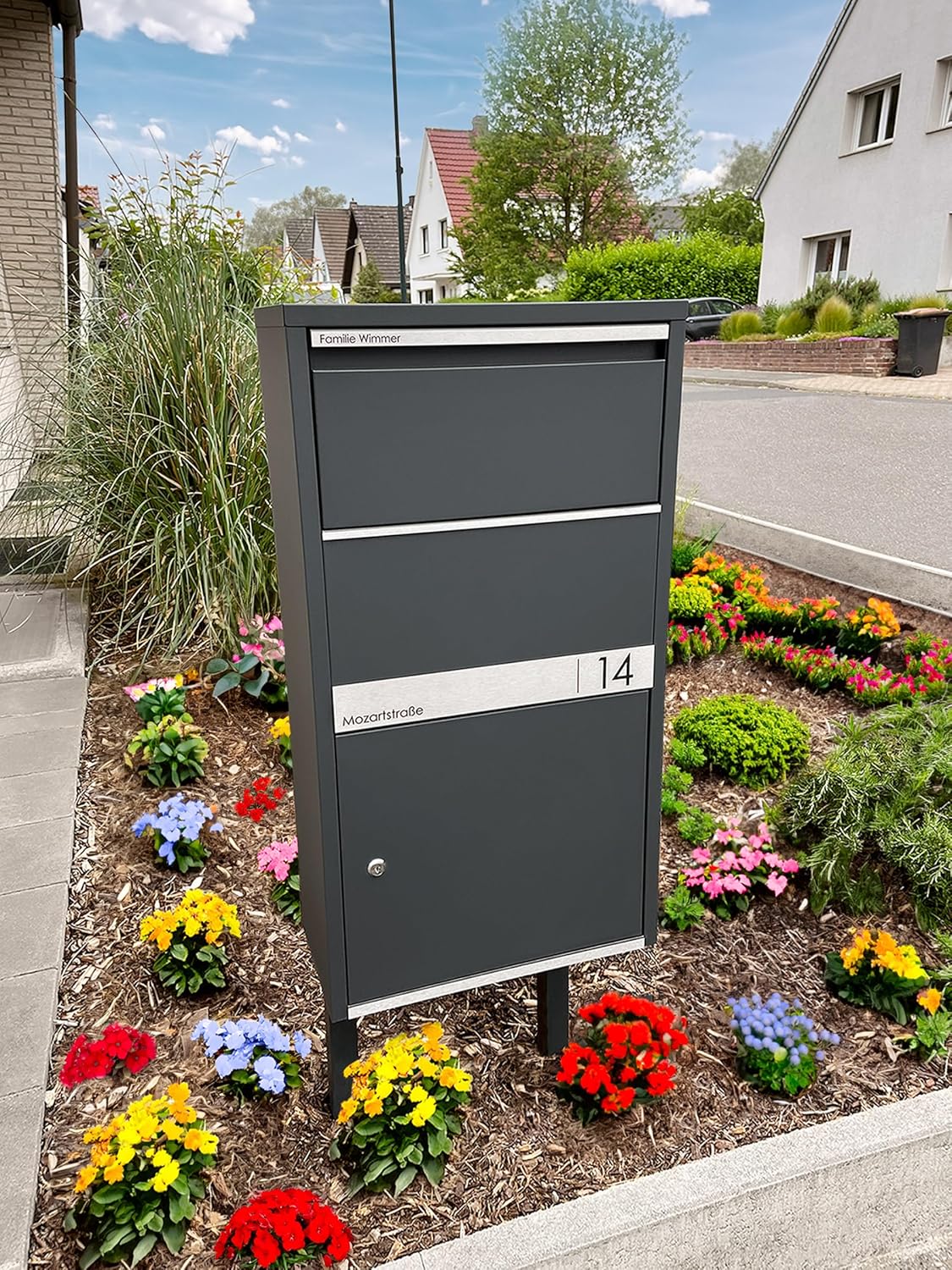 Metzler® Paketbox Avalon 1 Anthrazit, rostfreier und massiver Stahlbriefkasten mit Gravurplatte, kontaktloses Klappensystem, wetterfester XXL Paketkasten 44x82x22 cm, Schloss, außen sicher und modern