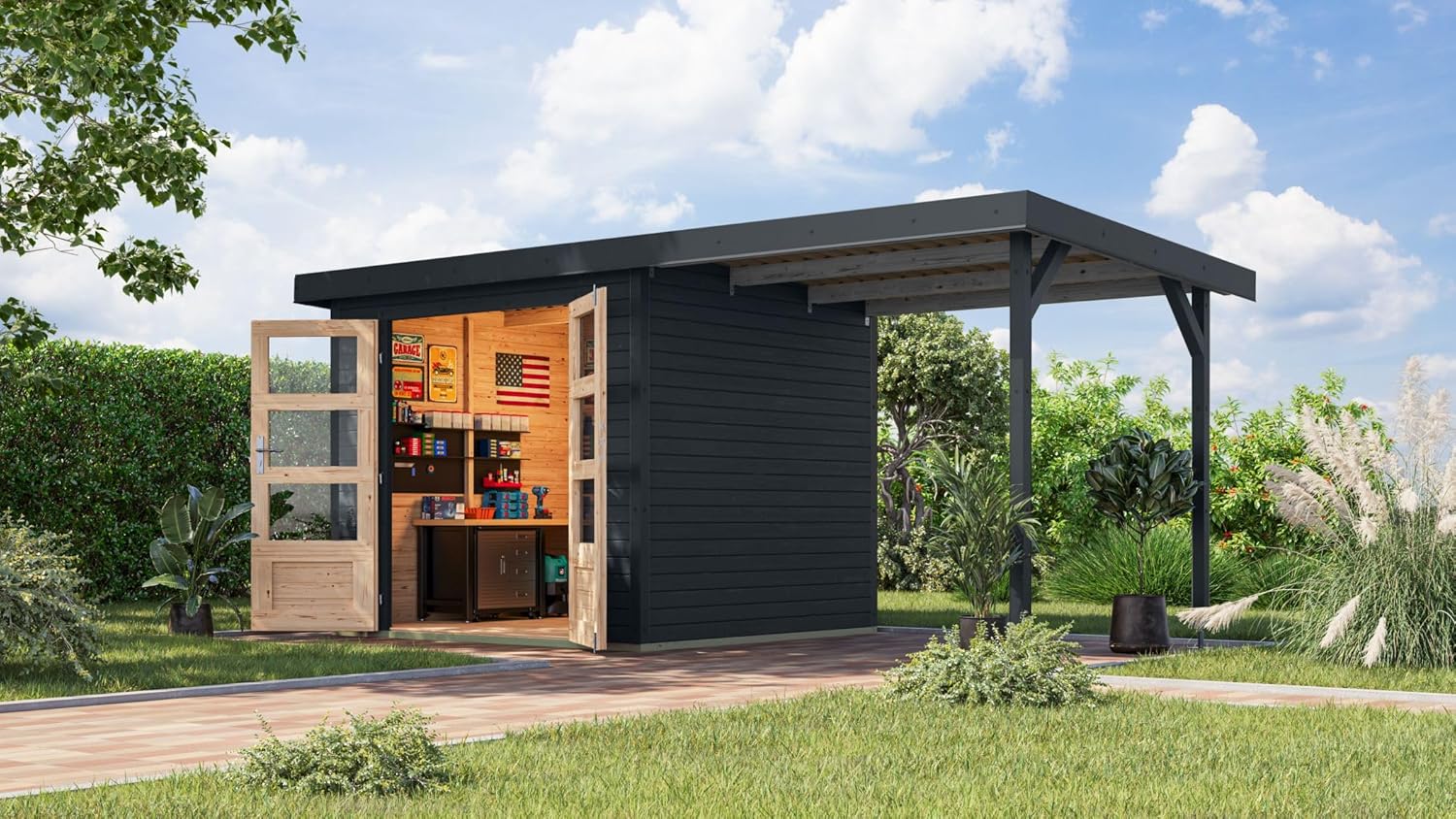 Karibu Gartenhaus Hollywood aus Metall + Holz, in 2 Größen und 3 Farben, optional mit Anbaudach (anthrazit, XL - mit Anbaudach)