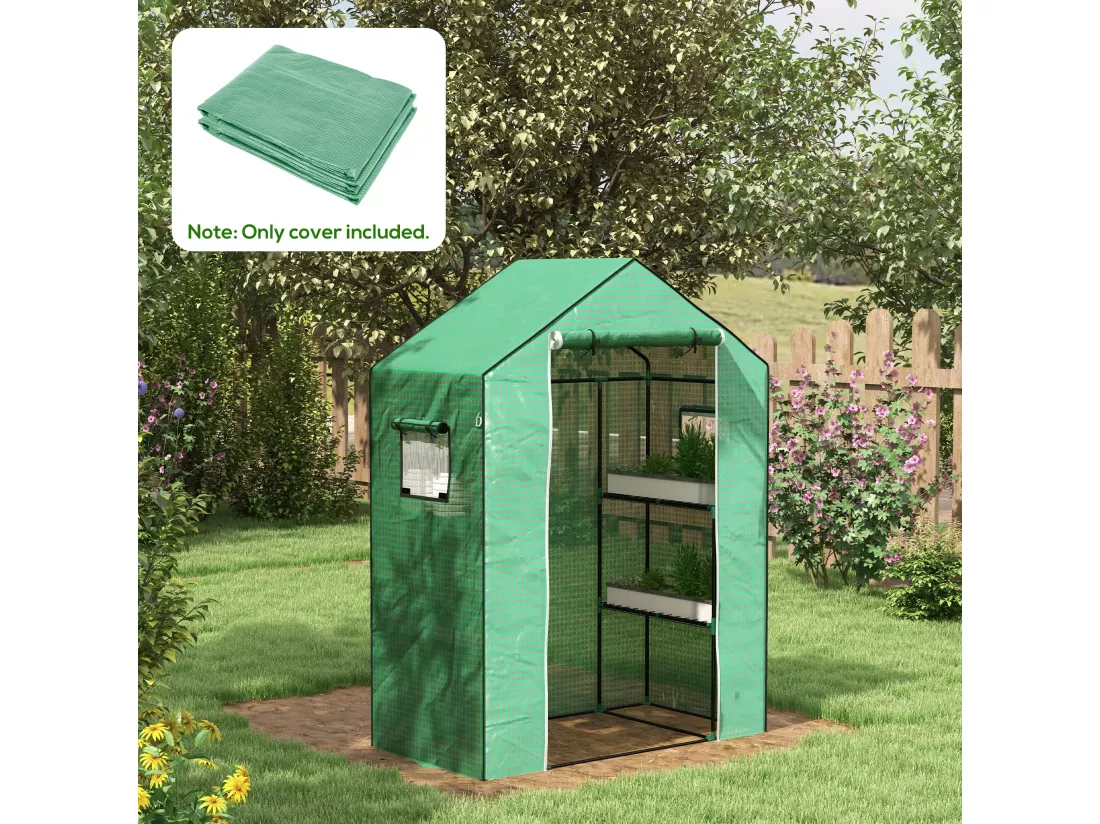 Bâche de remplacement serre de jardin dim. 140L x 73l x 190H cm - 2 fenêtres, porte zippée enroulable - PE anti-UV imperméable vert
