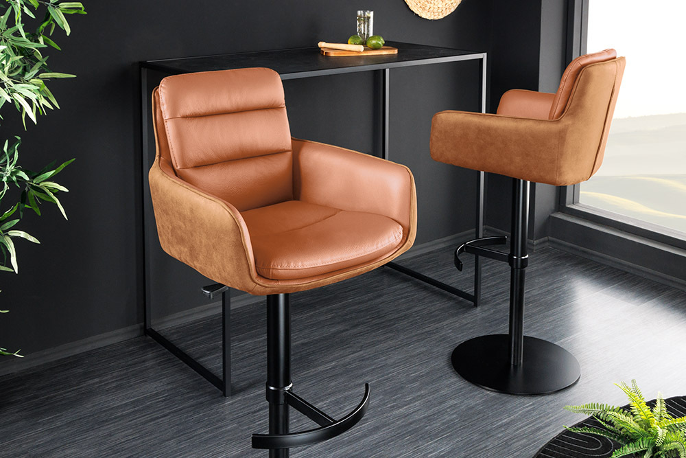 Drehbarer Design Barhocker BIG GEORGE cognac Echtleder höhenverstellbar mit Armlehnen