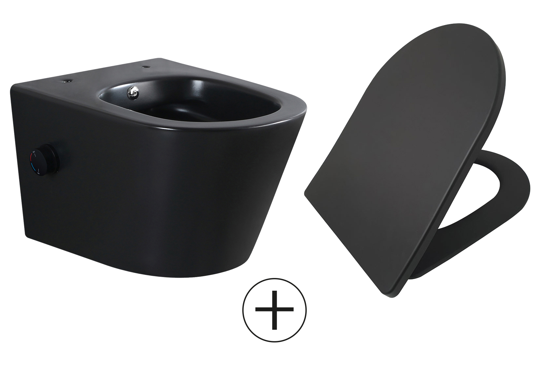 Mueller Afesta randloos toiletpot met bidetsproeier warm/koud en dunne softclose zitting zwart mat