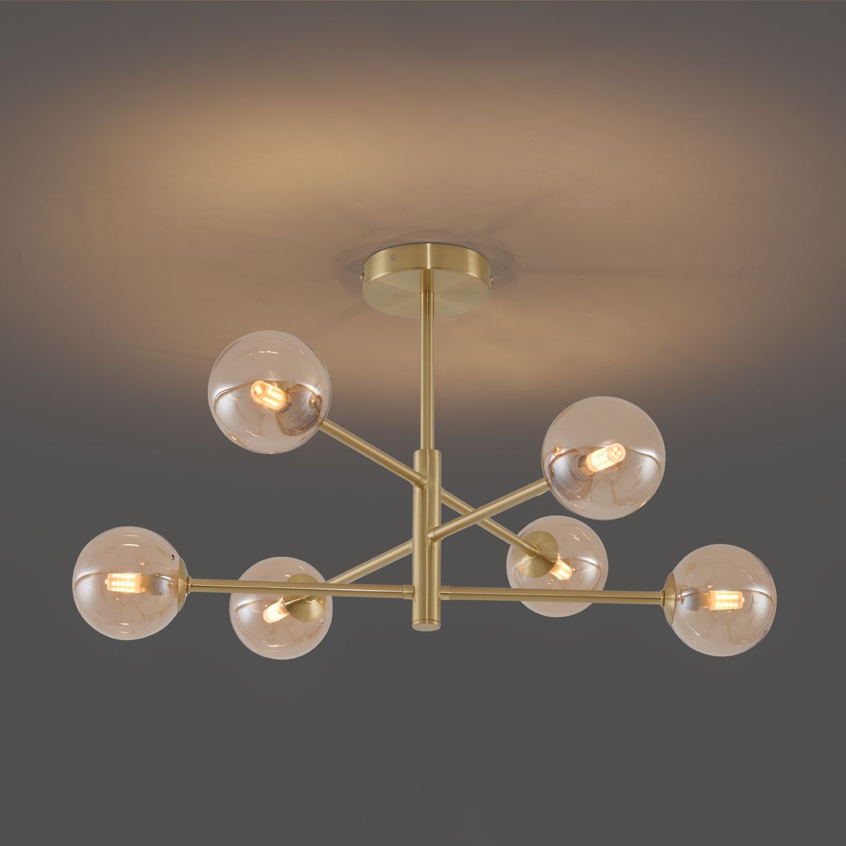 Moderne plafondlamp messing met amber glas 6-lichts - Ryan