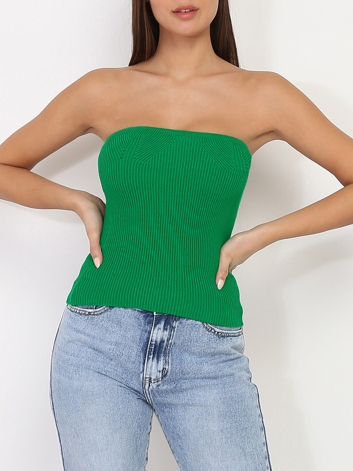 Top bustier moulant en maille côtelée- Vert