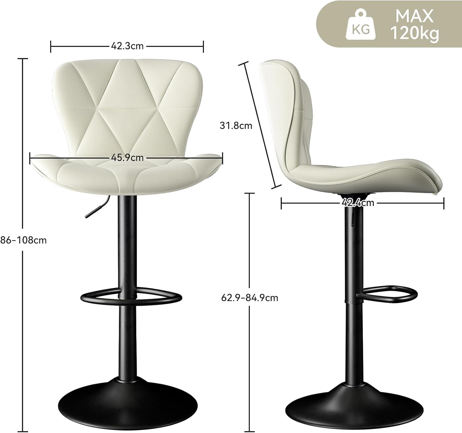 Barhocker 2er Set |Barstuhl Höhenverstellbar mit Rückenlehne, Höhenverstellbar, 360° Drehbar, Kunstleder, für Esszimmer Heimbar Kücheninsel, 2 x Hocker, Weiß
