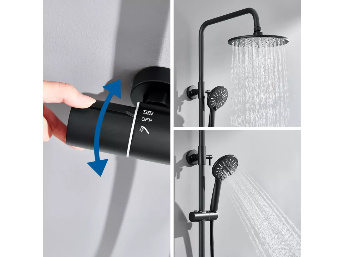 AURALUM MAX Colonne Douche Thermostatique Noir avec Mitigeur Thermostatique de 38°C,Colonne Douche Réglable Hauteur,Tête Douche/Pommeau à Main 3 Jets