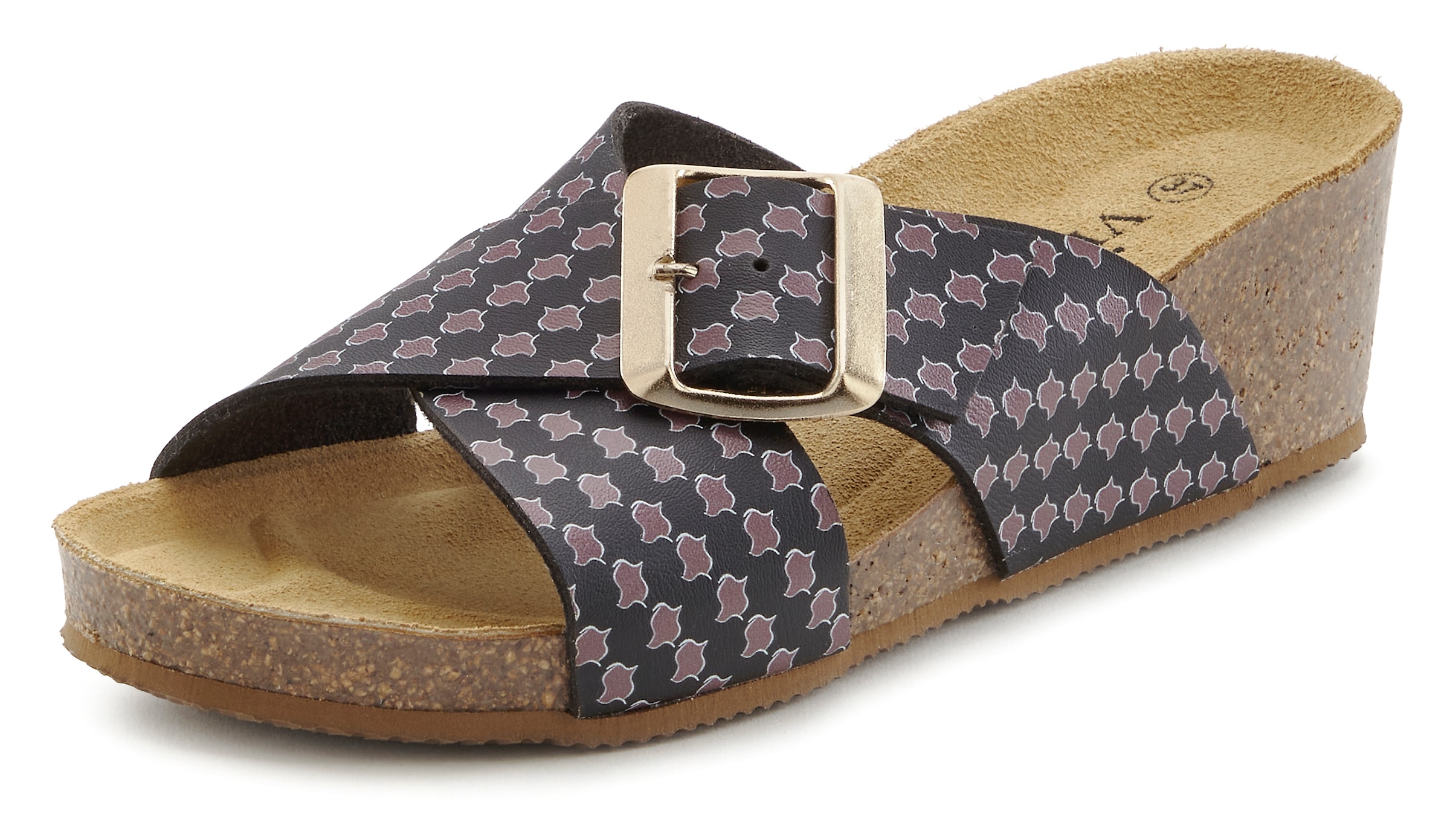 Vivance Pantolette »Sandale, Mule, offener Schuh«  mit Komfortkorkfussbett aus Leder, Keilabsatz und Print