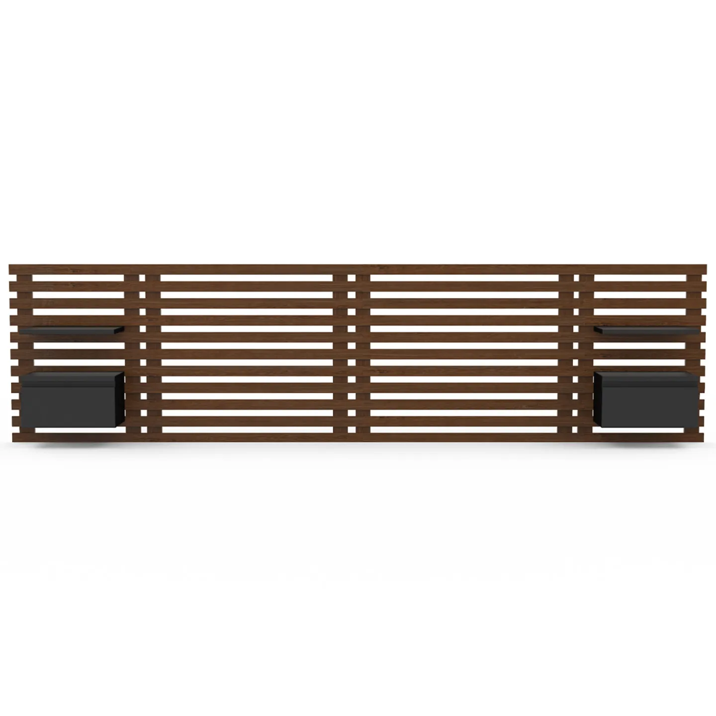 Tête de lit suspendue en lattes AVA 240 cm avec chevets + tiroir façon bois vieilli et noir