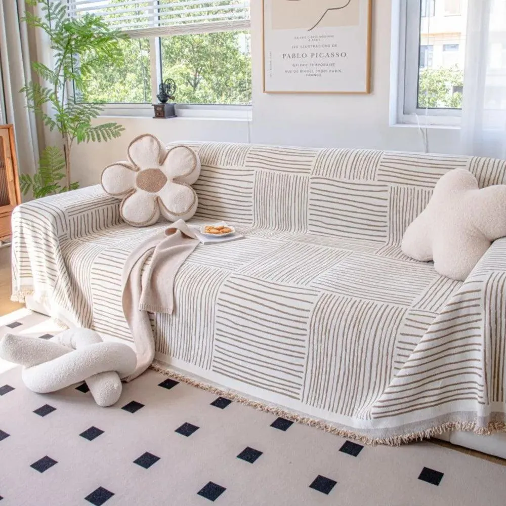 Chenille Striped Pattern Throw Blanket with Tassel 2 |  Nordic Jacquard Reversible Anti-cat Scratch Protection Sofa Cover