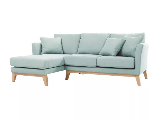 Canapé d'angle gauche déhoussable scandinave en tissu vert lagon et bois clair 3-4 places OSLO