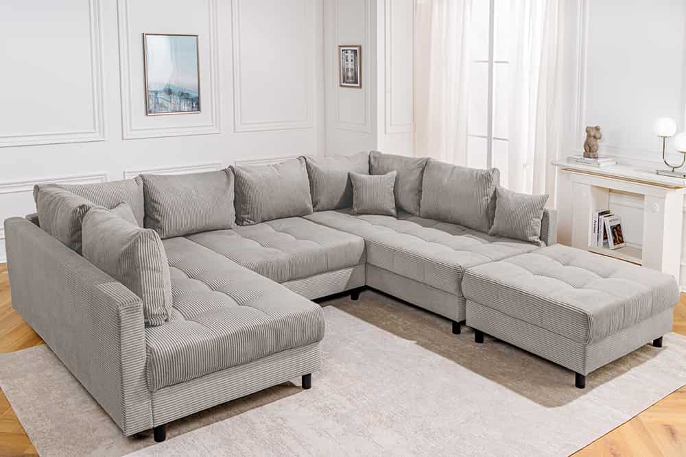 Moderne XXL Wohnlandschaft KENT 305cm greige Cord Bigsofa inkl. Hocker Federkern