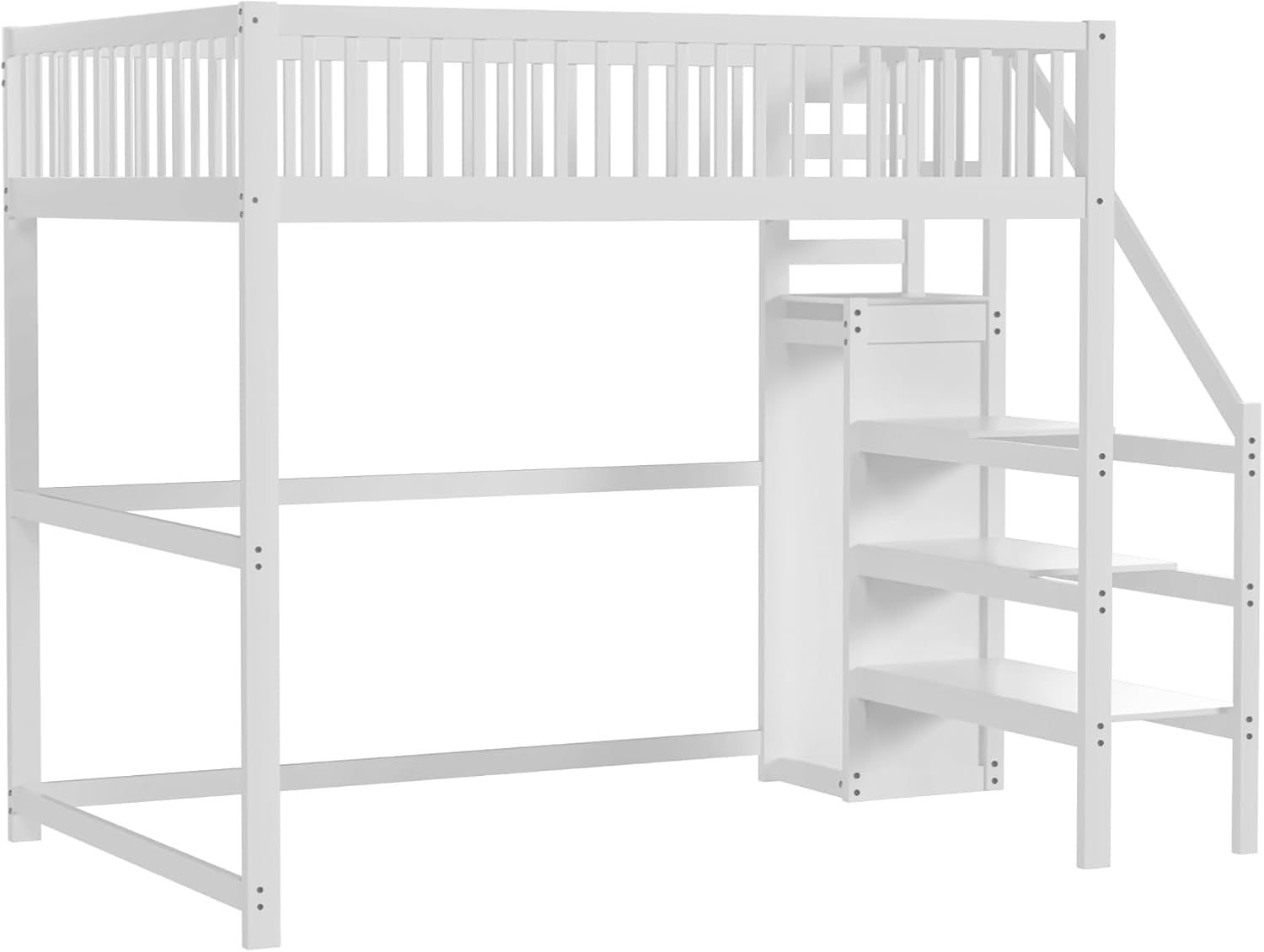 Merax Hochbett 1-Plätzig 140 x 200 cm, Multifunktionales Hochbett für Kinder mit Kleiderschrank und Treppe, Weiß (ohne Matratze)