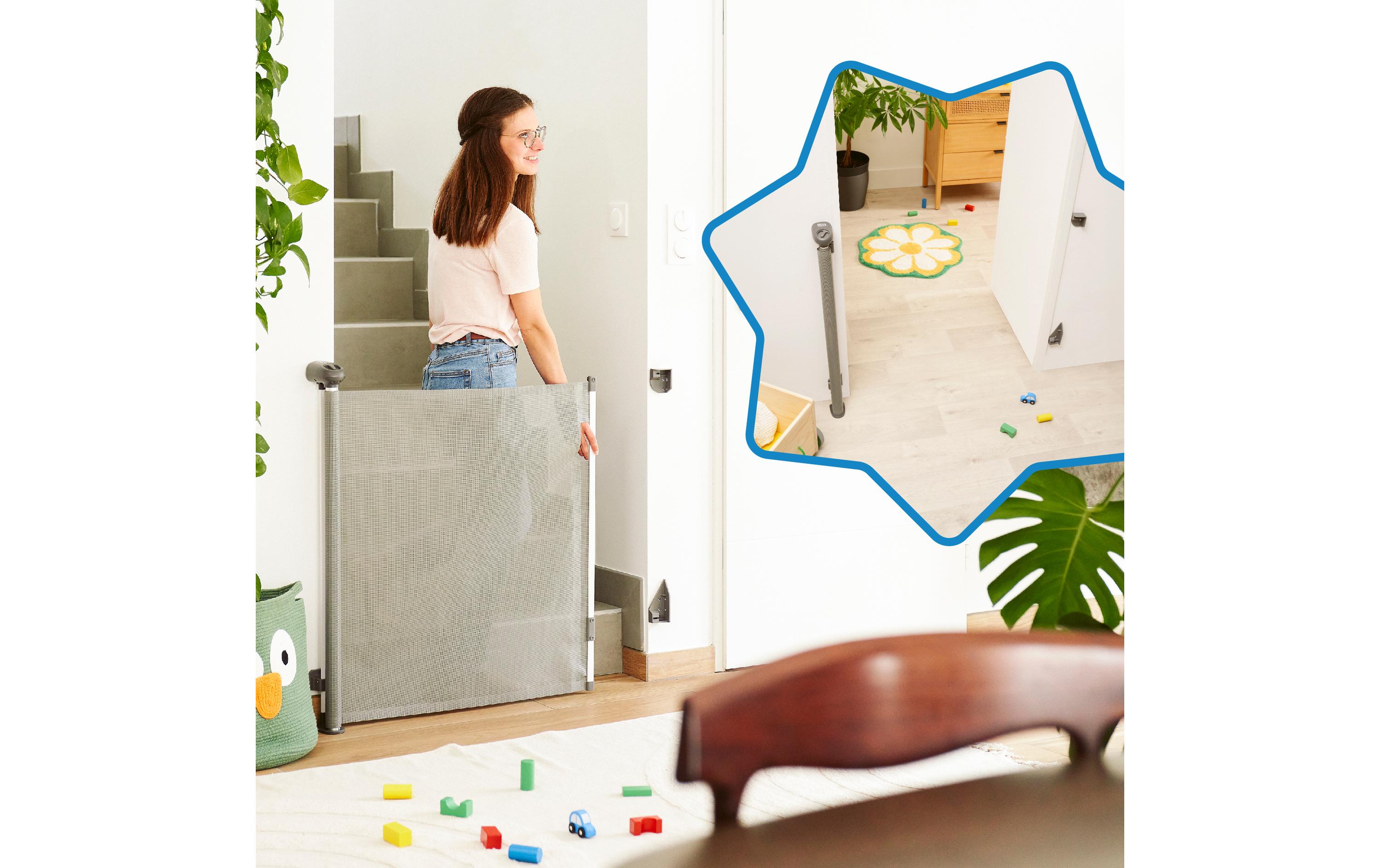 Türschutzgitter Safe & Roll 0 - 140 cmAusziehbares Gitter für Treppen und Türen bis 140 cm mit aufrollbarem Stoff