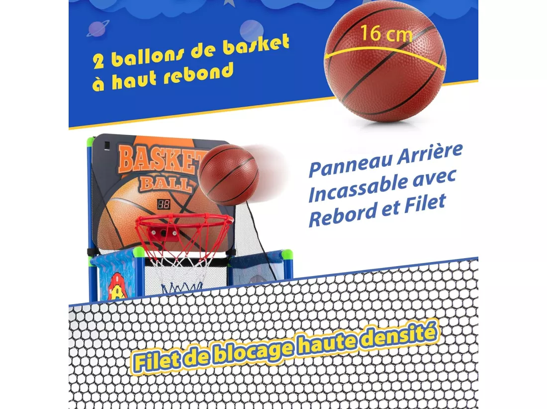 Panier de Basketball 2 en 1 avec 2 Cibles en Tissu et velours à Balles Adhésives, Jeu d’Arcade avec Système de Pointage et Effet Sonore, 2 Ballons de Basket pour Enfants 3 Ans+