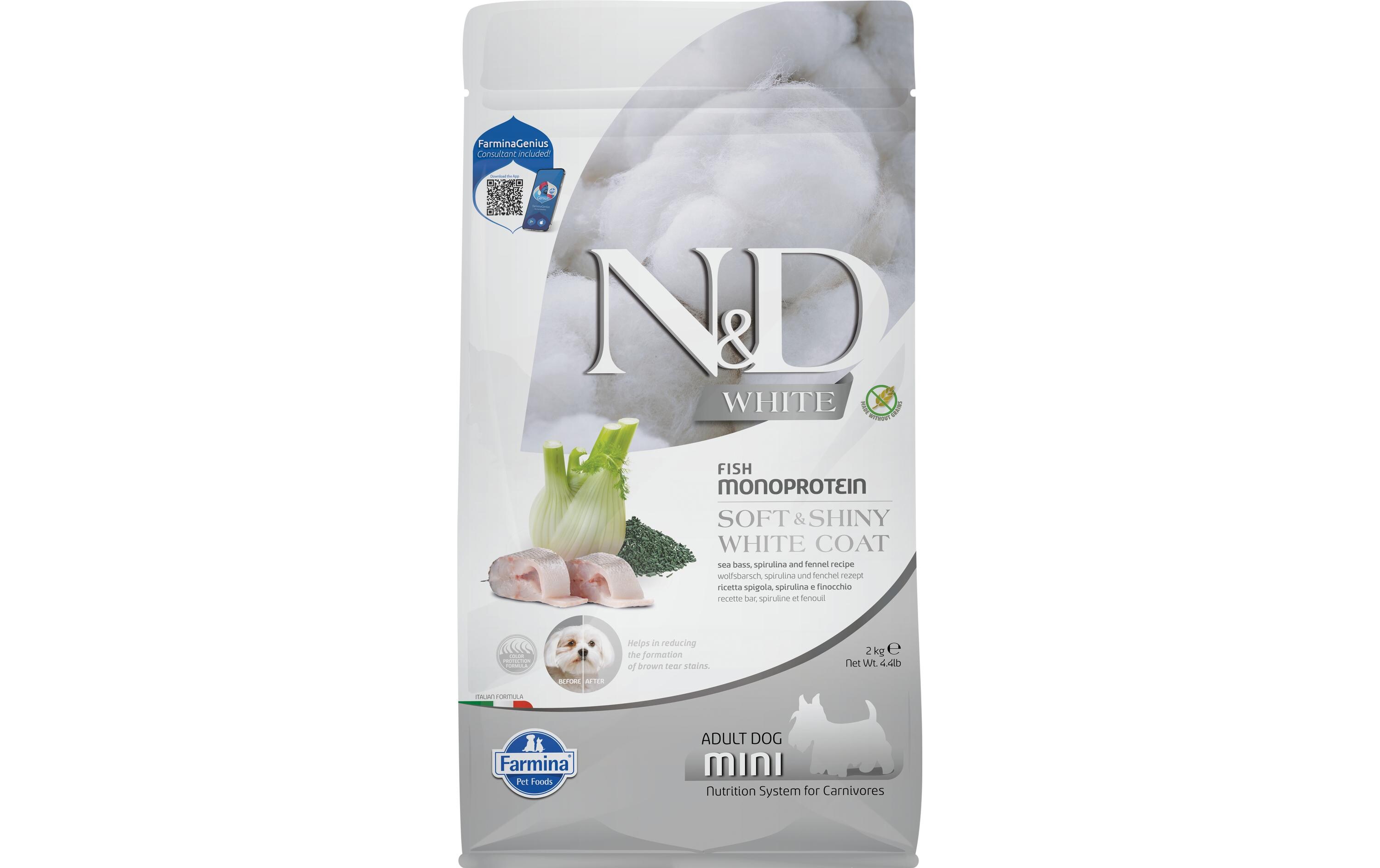 Trockenfutter N&D White Adult Mini Seebarsch, 2 kgAlleinfuttermittel für ausgewachsene Hunde
