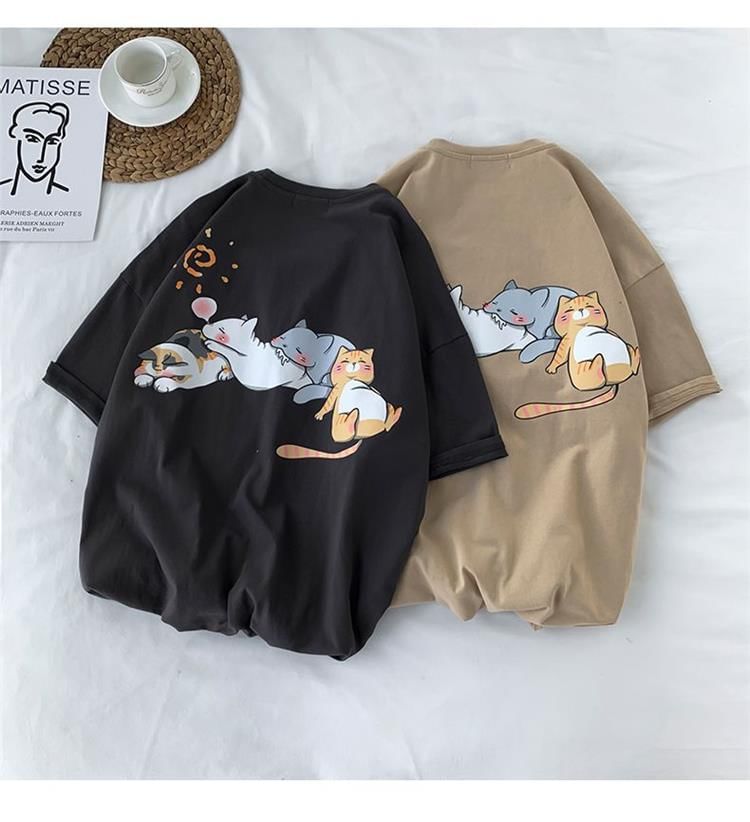 Bay Go Mall - T-shirt met ronde hals en kattenprint, met elleboogmouwen