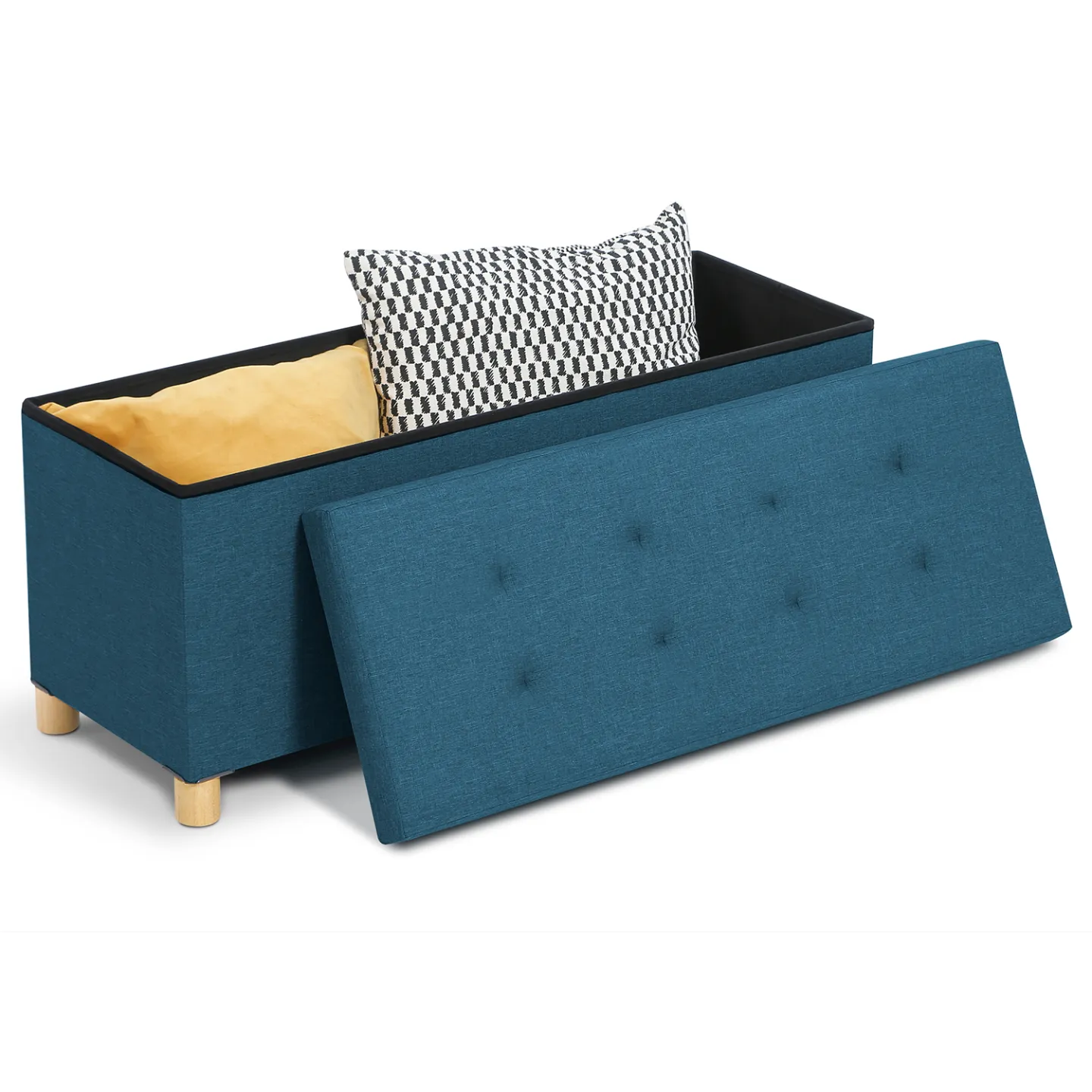 Banc coffre rangement sur pied 100 cm tissu bleu canard