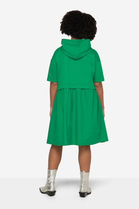 Kleid, oversized, Materialmix, Kapuze, Halbarm