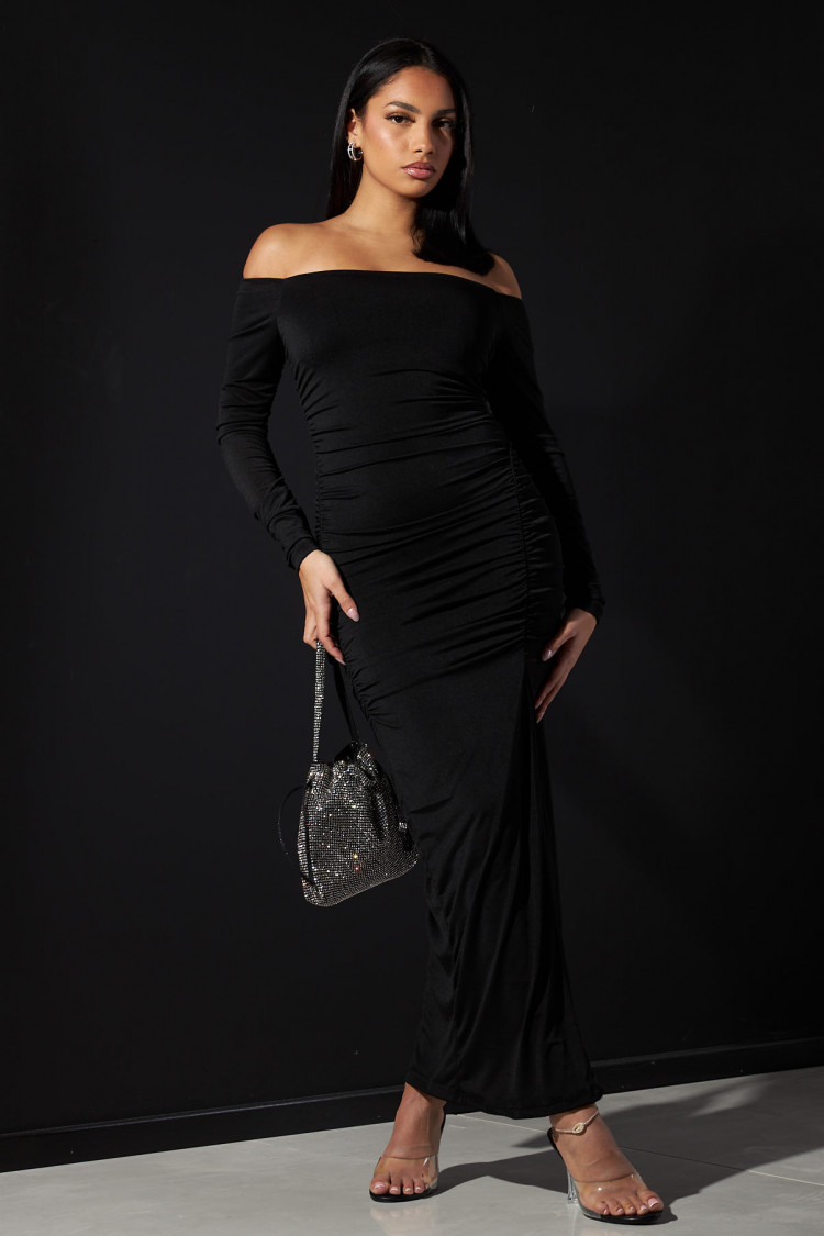 Robe longue noire froncée