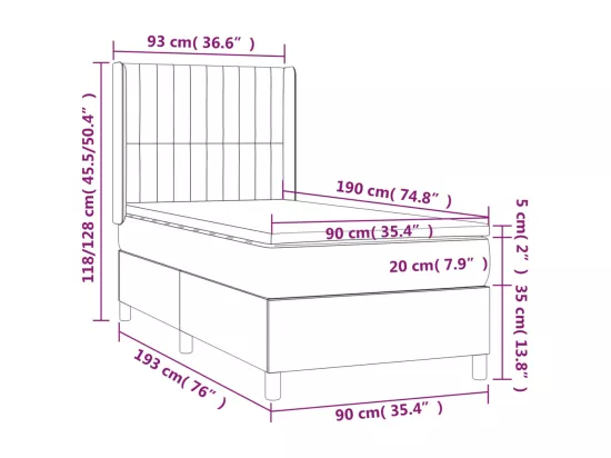Sommier tapissier et matelas et LED Gris clair 90x190cm Velours