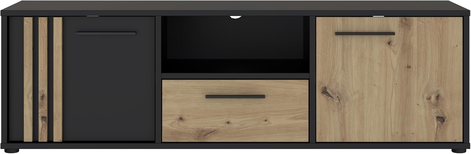 Forte Cardigan TV-Schrank 140 150, modernes Lowboard, 2-türig, 1 Schublade, Wohnzimmer, Holzwerkstoff, Artisan Eiche Holzdekor|Schwarz, 142,6 cm breit x 43,9 cm hoch x 41,5 cm tief