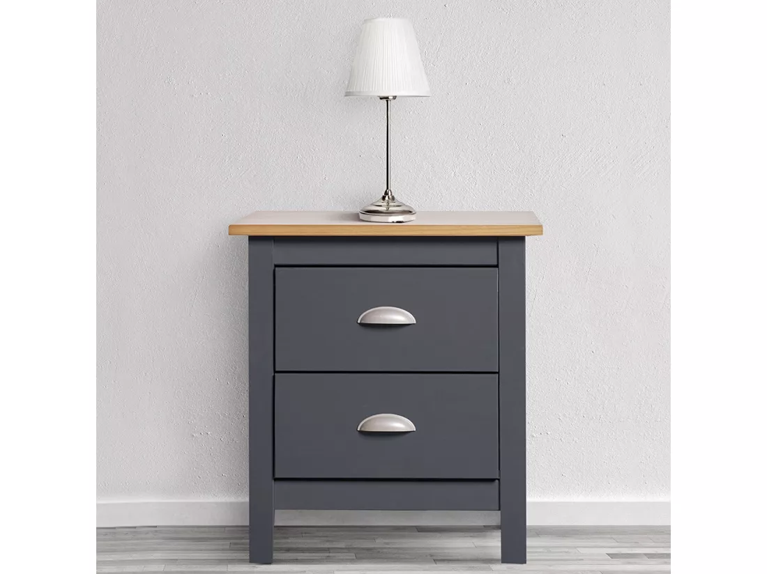 Table Chevet 2 tiroirs Jade Gris/Chêne, Fabriqué en Bois de pin Massif