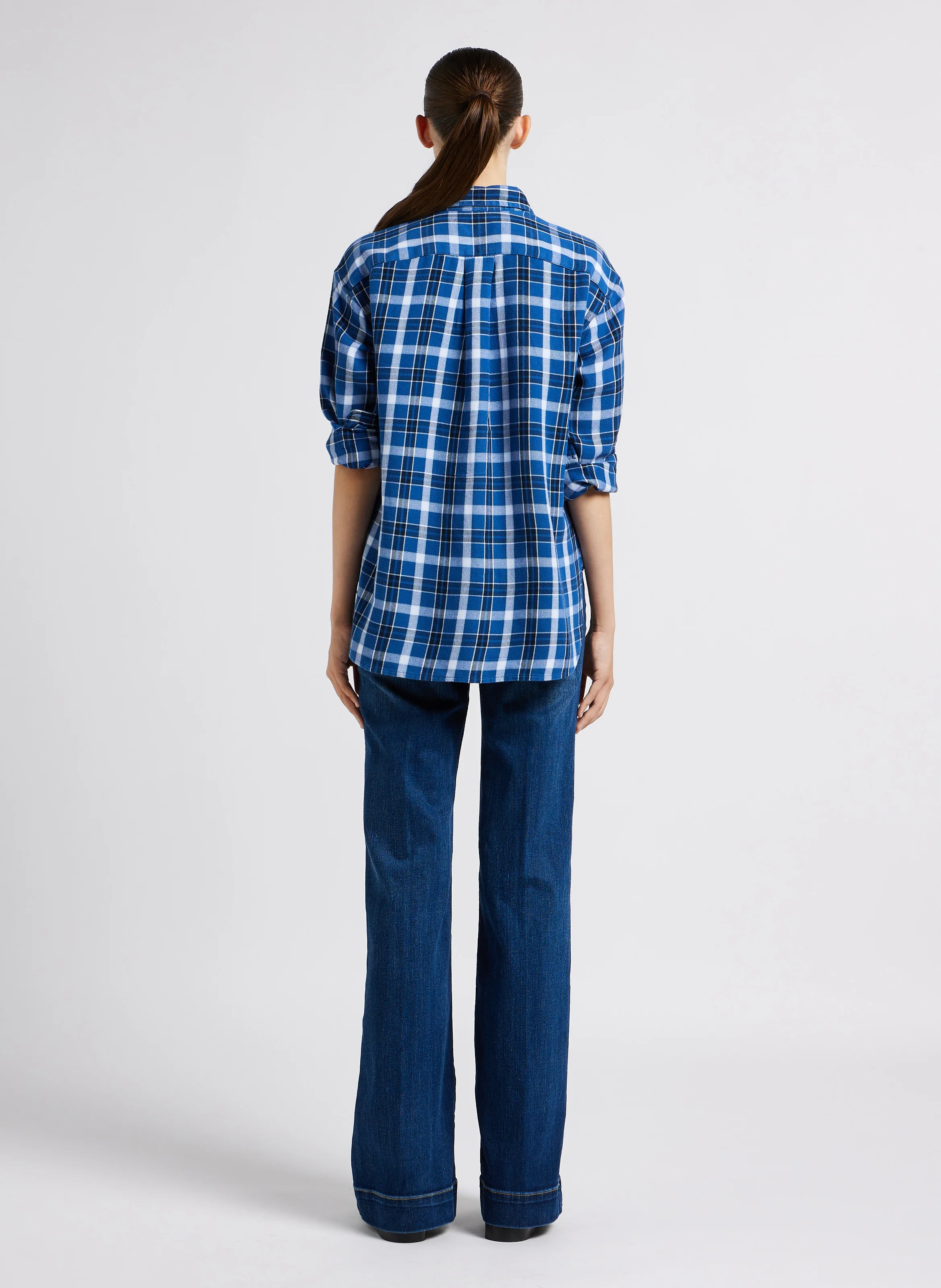 Chemise col classique à carreaux en coton | Bleu
