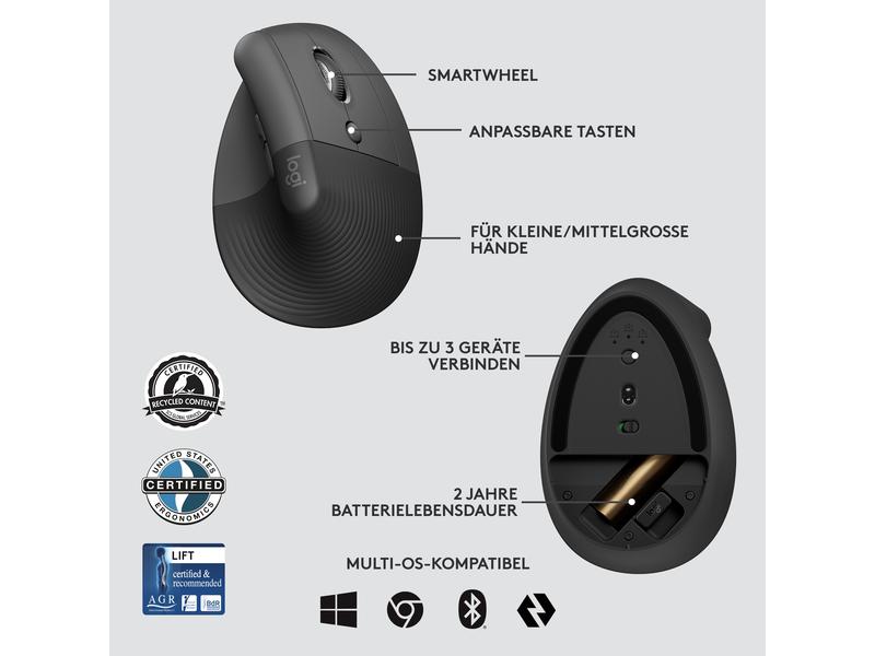 Logitech Ergonomische Maus Lift for Business Graphite Komfortable ergonomische Maus mit vertikalem Design für kleine bis mittelgrosse Hände