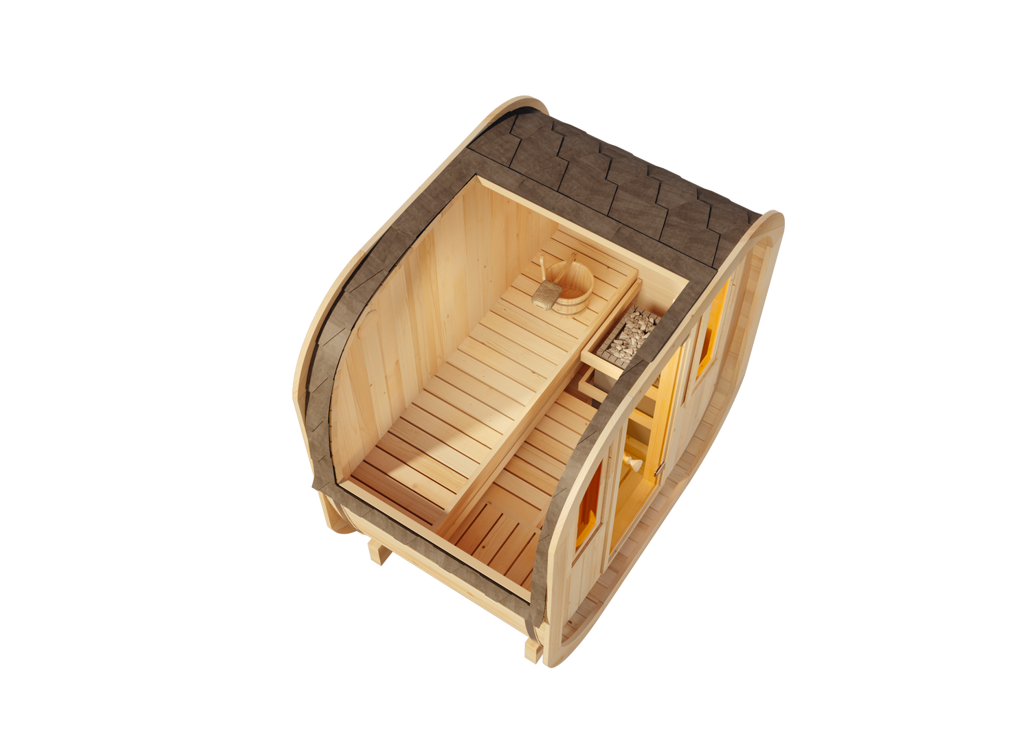 FinnTherm ScandiCube Mini XXS Barrelsauna met 1 houten bank, 42 mm wanddikte, buitensauna met bevestigingsmateriaal, zonder ramen, natuurlijke afwerking, 2,1 x 1,3 m