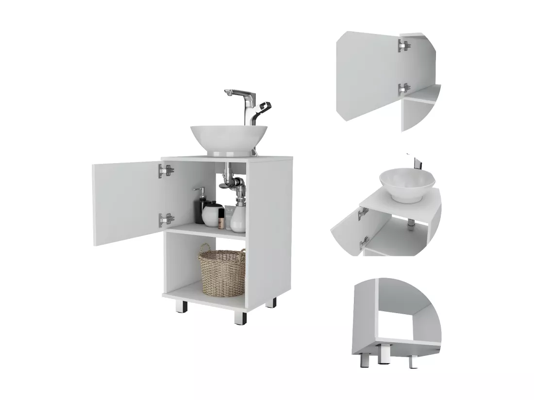 Meuble sous-lavabo Gouda en mélamine avec rangement et lavabo en céramique, 88.97 cm X 44.98 cm X 44.98 cm, Blanc