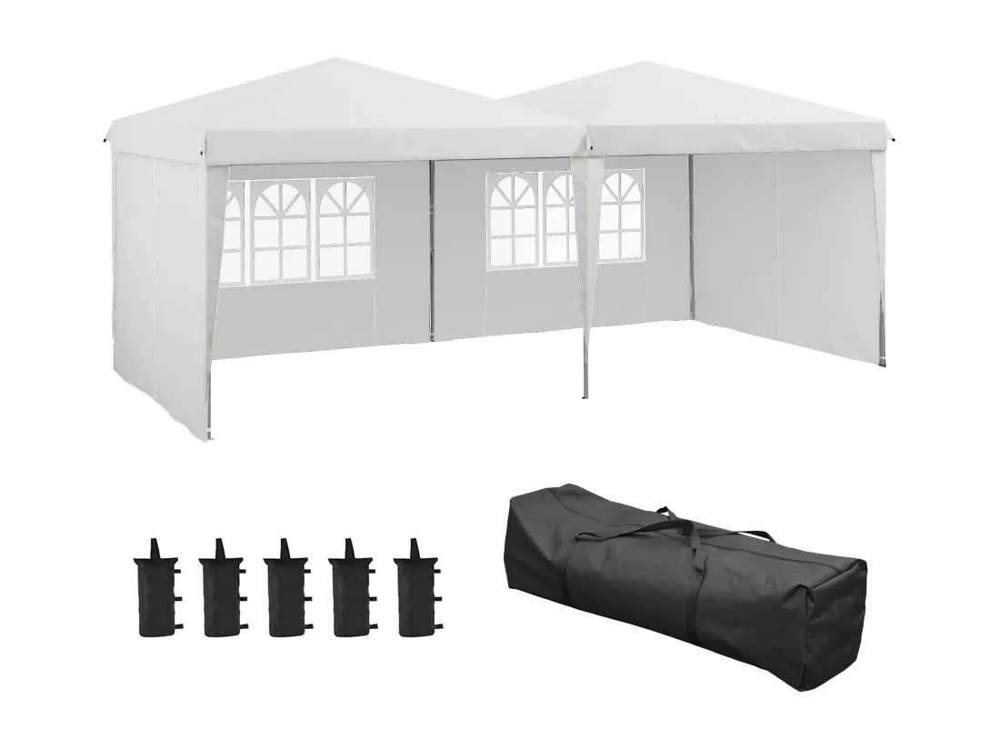 Tonnelle barnum pliant pop-up - 4 pans latéraux amovibles, 6 fenêtres, sac transport, 5 sacs lestage - acier Oxford blanc