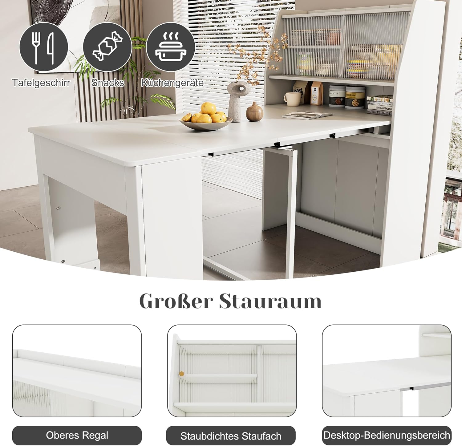 Ausziehbarer Esstisch klein, Einweg-Ausziehtisch, Weiß Esszimmer-Stauschrank, Platzsparender Multifunktions-Esstisch, 52/132.5x80x76cm