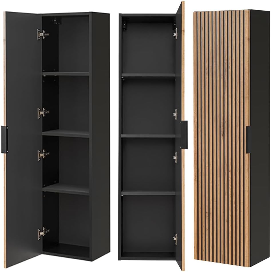 Lomadox Badezimmer Set 3-teilig Waschtisch Unterschrank 80 cm Keramik Waschbecken Spiegel LED Hochschrank anthrazit Wotan Eiche Nb. schwarz Rillen MDF Fronten