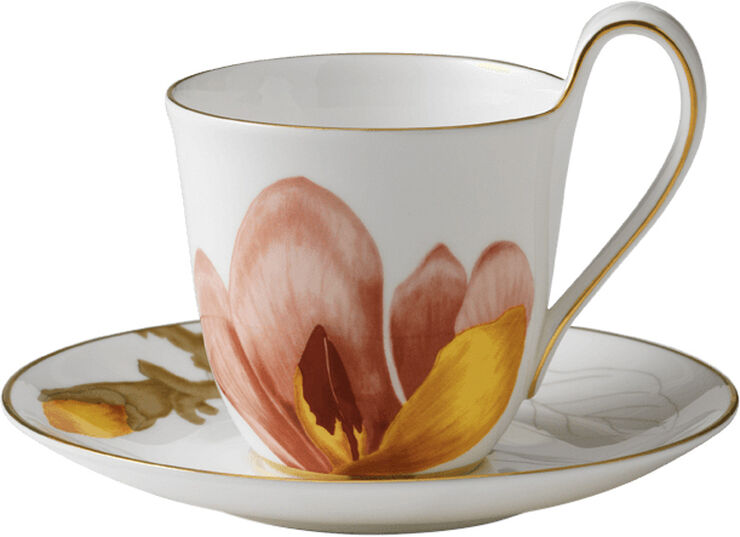 Royal Copenhagen Flora 27 cl. højhankskop med underkop - Magnolia Hvid, multi