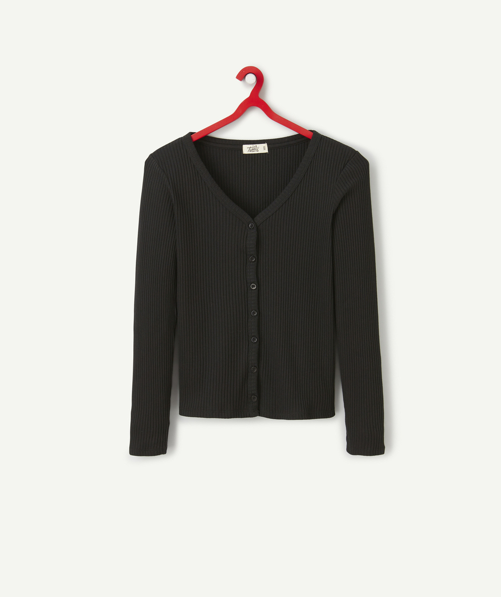 T-SHIRT MANCHES LONGUES FILLE EN FIBRES RECYCLÉES NOIR BOUTONNÉ SUR LE DEVANT