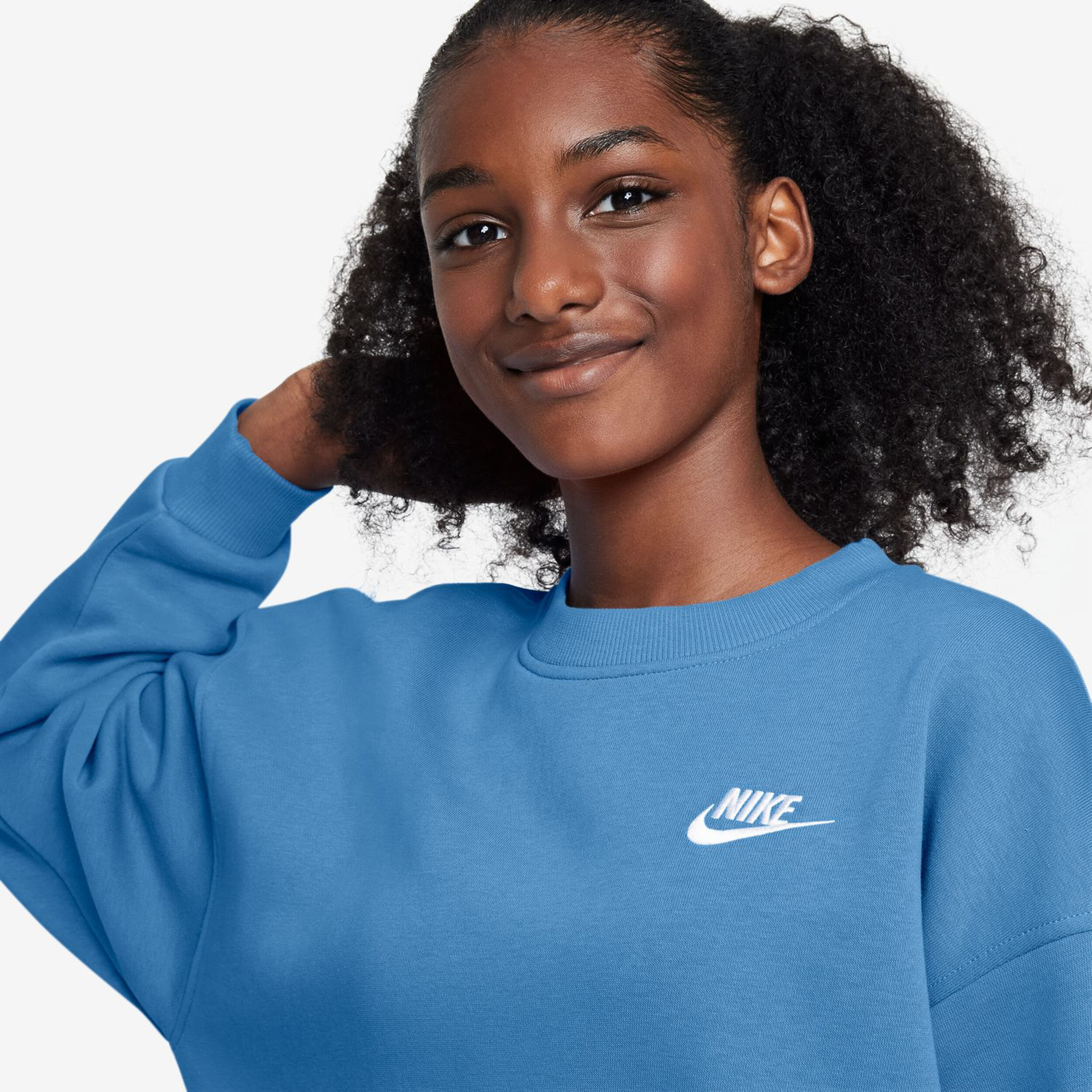 Nike Club Fleece Oversized Crew Sweat-shirt Filles - Bleu , Blanc
