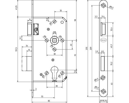 Bever ZTE-PZ/W-AF 55/72/8 DIN rechts insteekslot