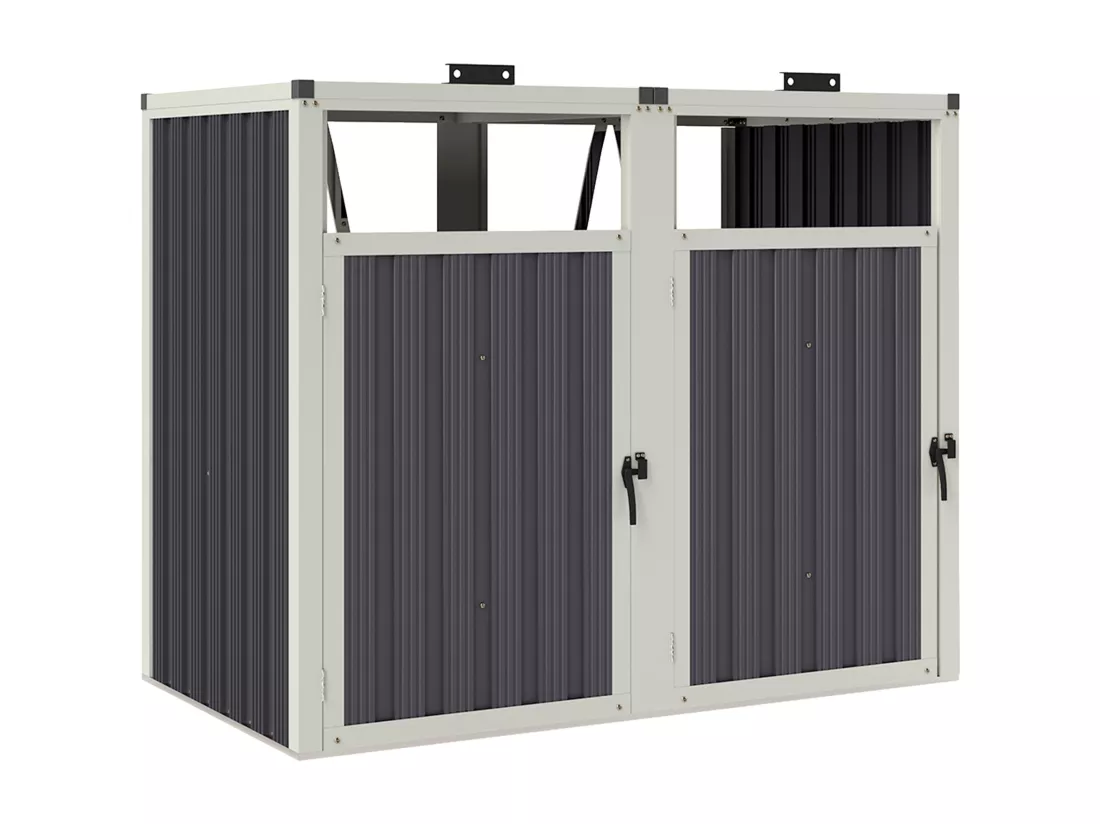 Abri poubelles double - cache poubelles 2 x 240L - portes, couvercles - tôle acier ondulé blanc gris