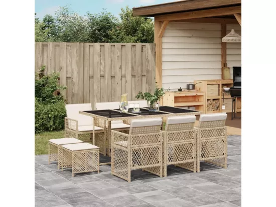Ensemble à manger de jardin et coussins 11 pièces beige poly rotin