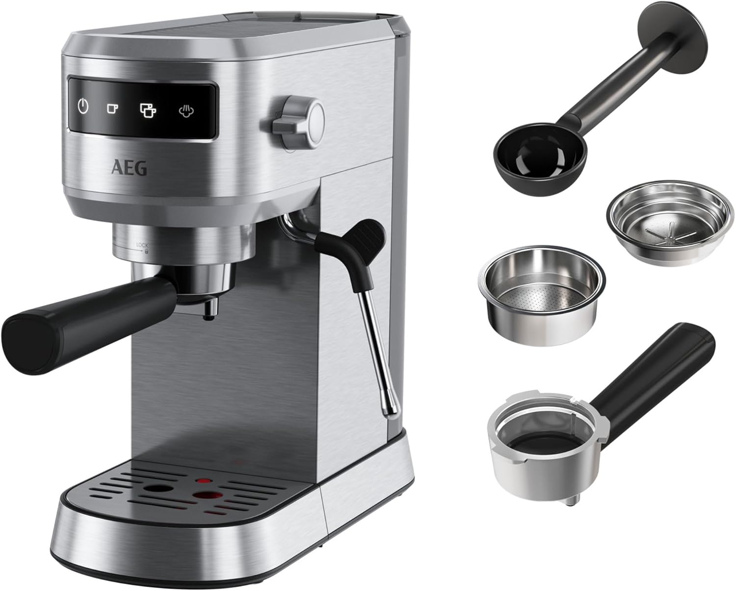 AEG EC6-1-6ST Espresso Siebträgermaschine/schmales Design/Thermoblock Technologie / 15 bar / 3 Einsätze für 1-2 Tassen & ESE Pads/Touch Bedienfeld/Milchschaumdüse / 1 l Wassertank/Edelstahl