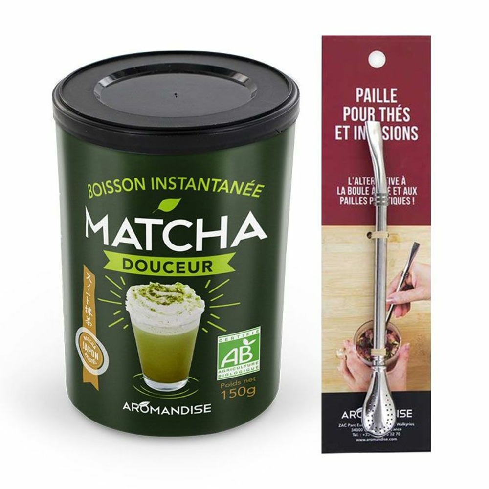 Préparation douceur de matcha bio + paille inox avec filtre