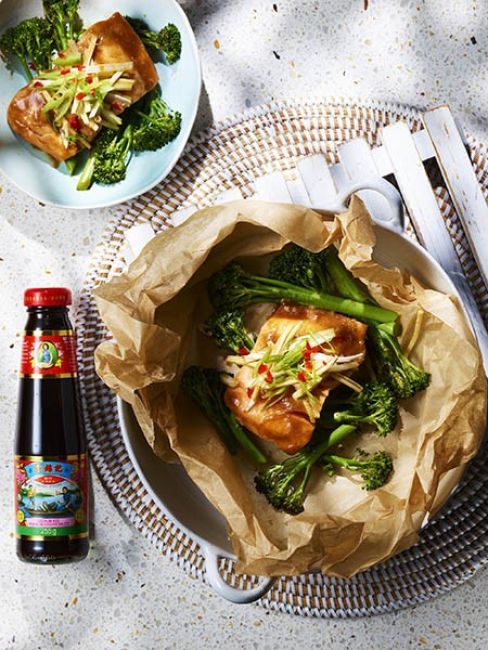 Zalm met gember, oestersaus en broccoli